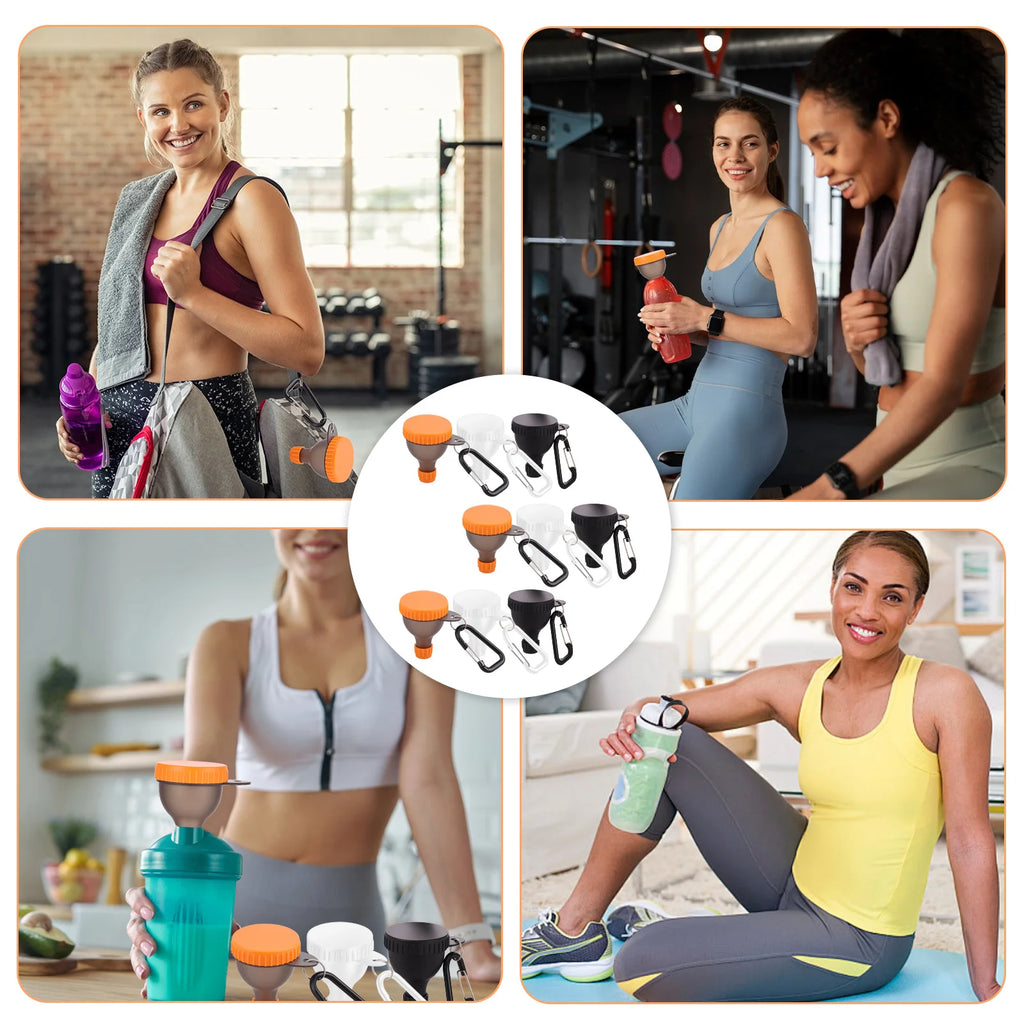 Lot de 9 entonnoirs à poudre protéinée 50 ml, mini bouteille de poudre protéinée portable avec mousqueton et bouchon renforcé pour l'entraînement, le fitness et les voyages