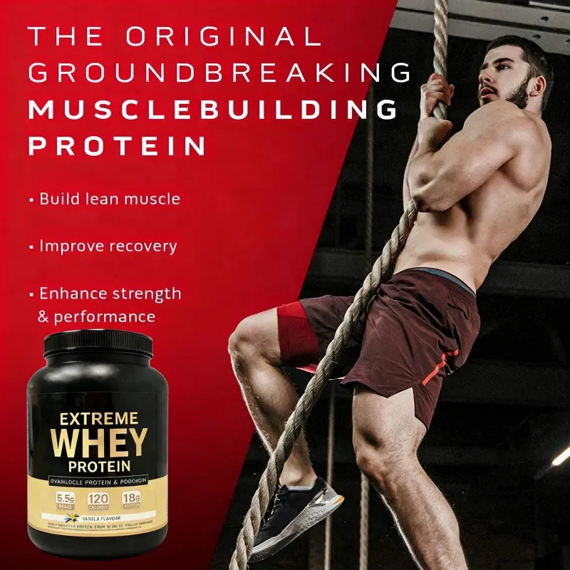 Vanilla whey protein muscle powder for lean muscle growth and gym performance.