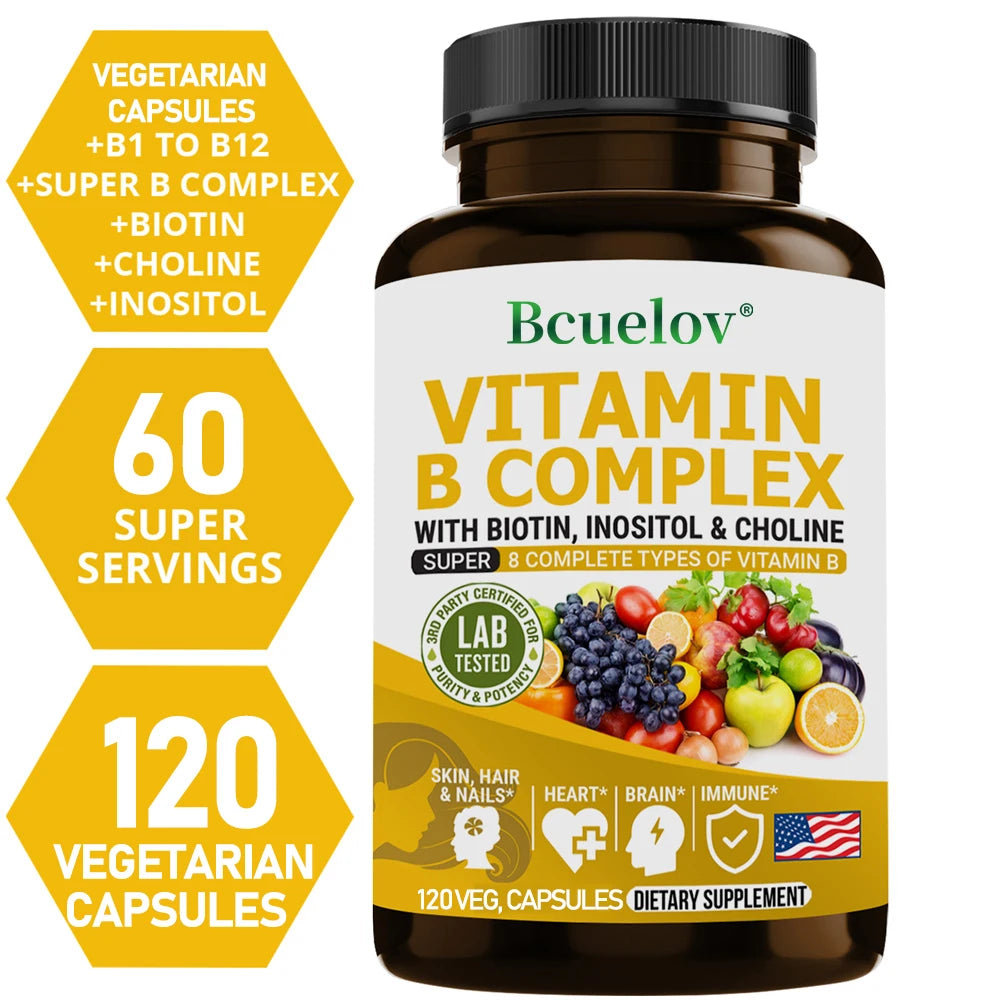Complexe de Vitamines B - B1 B2 B3 B5 B6 B7 B9 B12 Biotine Choline Niacine - Cerveau, Peau, Cheveux, Système Nerveux, Immunité, Métabolisme