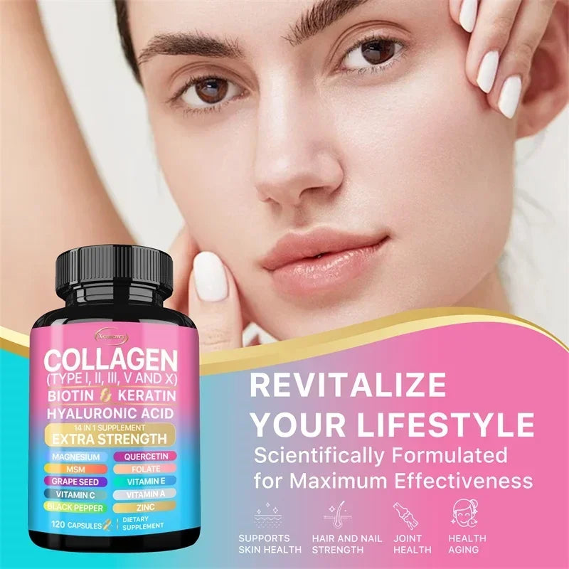 Complément de collagène - Soutient les soins de la peau, les ongles, les cheveux, les antioxydants et le système immunitaire