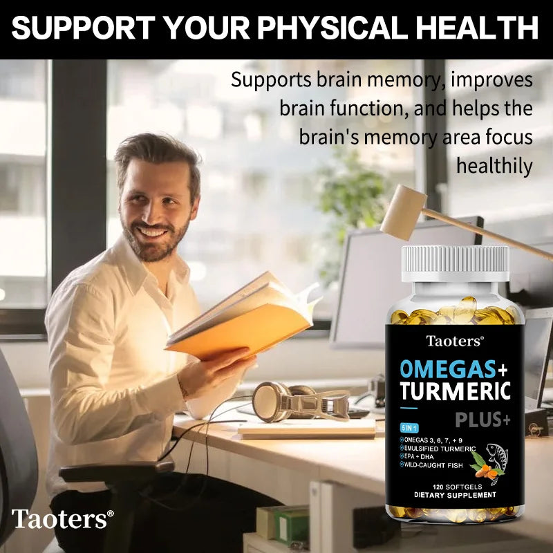 Omegas + Turmeric, 120 Softgels - (EPA & DHA) Fish Oil Omega 3-6-7-9 with Turmeric - Supports Joint, Brain & Heart Health