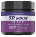 Purple teeth whitening powder label details highlighting the fluoride-free ingredients.