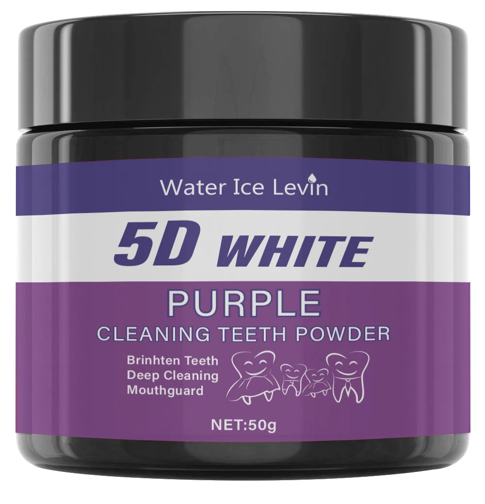 Purple teeth whitening powder label details highlighting the fluoride-free ingredients.