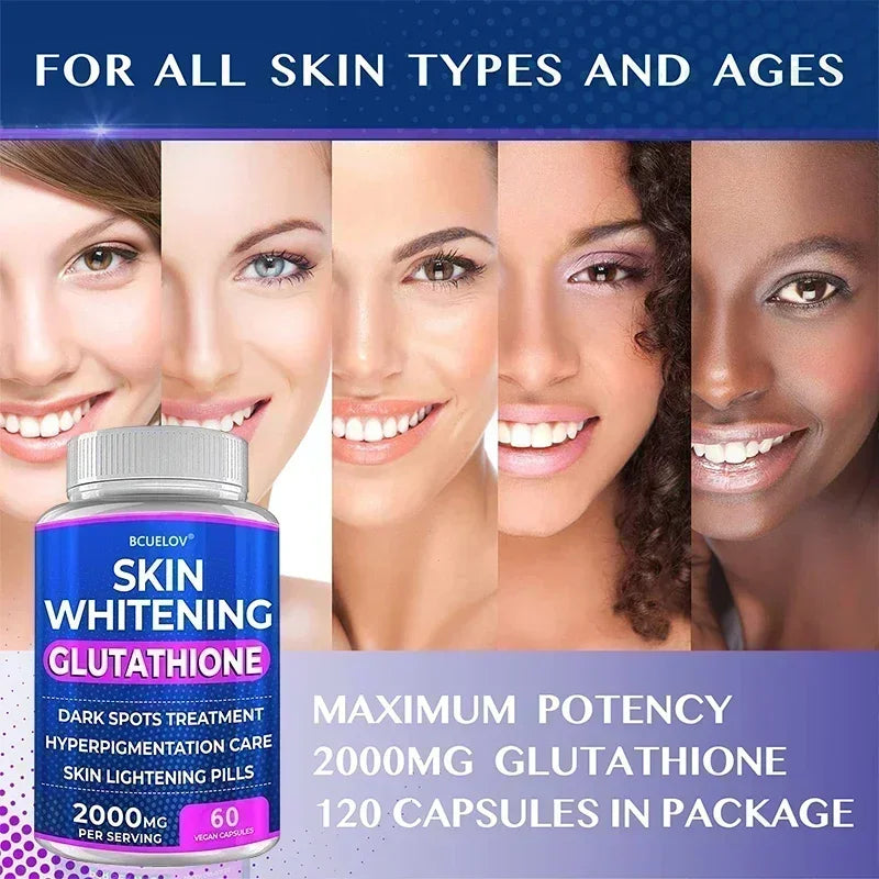 Blanchiment de la peau au glutathion - Supplément de glutathion 2000 mg - Antioxydant anti-âge, complément nutritionnel pour la peau
