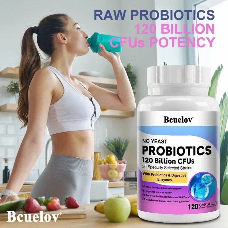 Probiotiques pour la santé digestive 120 milliards d'UFC Prébiotiques et enzymes digestives Supplément probiotique pour adultes, favorise la santé intestinale