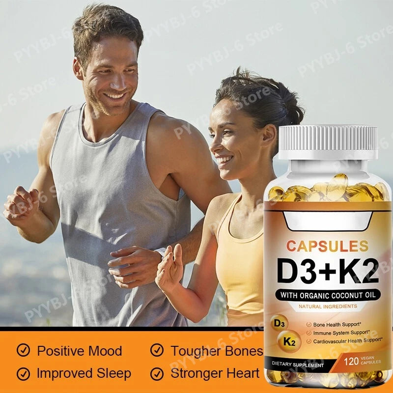 Vitamin D3 K2 with coconut oil capsules as a natural supplement to maintain an active lifestyle.