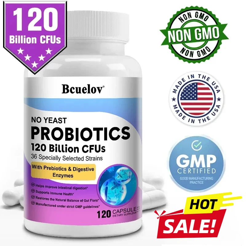 Probiotiques 120 Milliards UFC 36 Souches Contient des Prébiotiques et des Enzymes Digestives pour la Digestion et le Soutien Immunitaire Vegan, Sans OGM