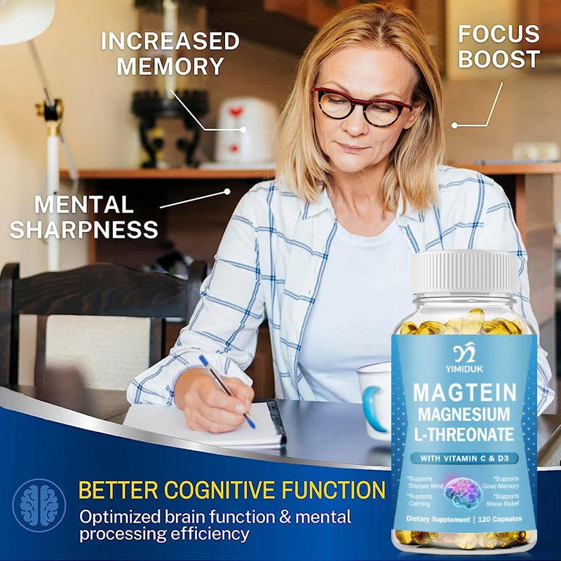 Complément de Magnésium L-Thréonate, avec Vitamine C, Vitamine D3, Soutien Anti-Stress, Acuité Mentale, Santé Cérébrale, Sans Gluten