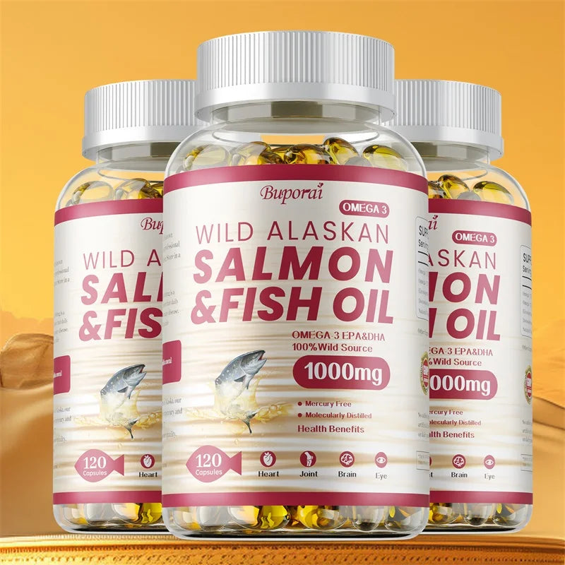 Wild alaskan salmon fish oil capsules for natural health benefits in daily life.