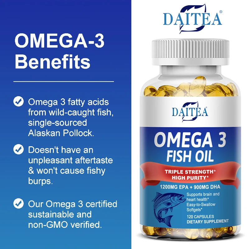Huile de poisson Oméga 3 Triple Concentration Daitea - Complément d'huile de poisson avec acides gras EPA et DHA Premium Sauvage, 30/60/120 Capsules