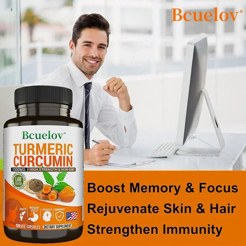 Turmeric curcumin with bioperine capsules for unisex adult daily antioxidant support.