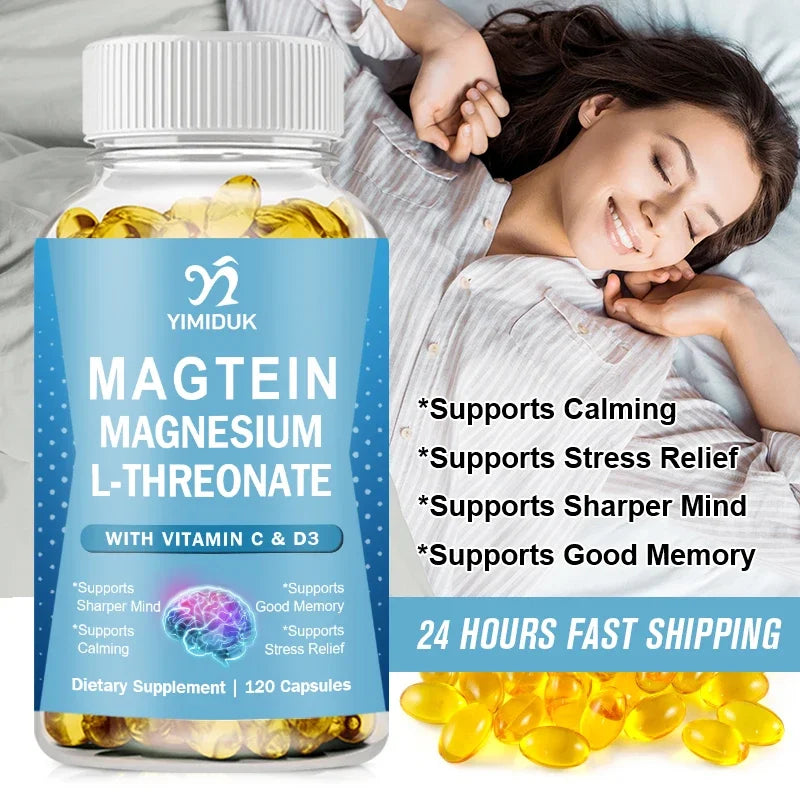 Complément de Magnésium L-Thréonate, avec Vitamine C, Vitamine D3, Soutien Anti-Stress, Acuité Mentale, Santé Cérébrale, Sans Gluten