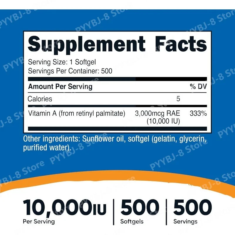 Capsule de Vitamine A 10 000 UI avec Glycérol Aide à Maintenir le Système Immunitaire, les Os et la Santé de la Peau Sans OGM Sans Gluten 500 Comprimés