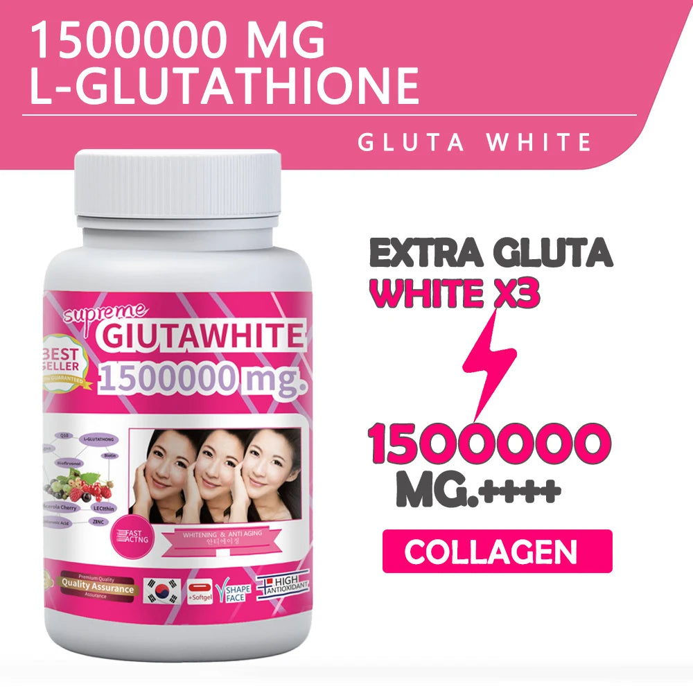 GLUTA WHITE 1500000MG Glutathion Complément Éclaircissant Anti-âge, Protection UV, Unification du Teint et des Cicatrices 30 Gélules Molles