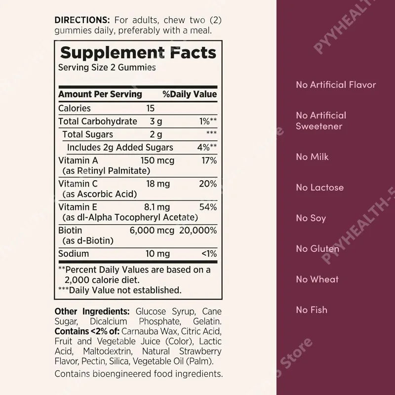 Gummies vitaminées Cheveux, Peau & Ongles avec biotine, 2500 Mcg, Fraise, 60 unités, Aliment santé
