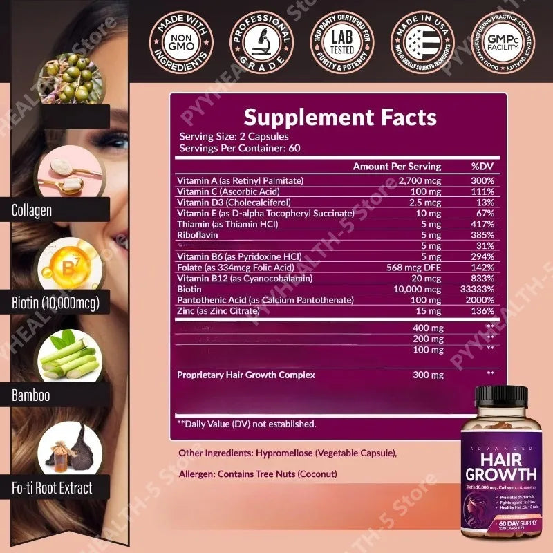Vitamines et compléments pour la pousse des cheveux pour femmes | Biotine 10000mcg, collagène, soutien peau et ongles 120 gélules pour 60 jours