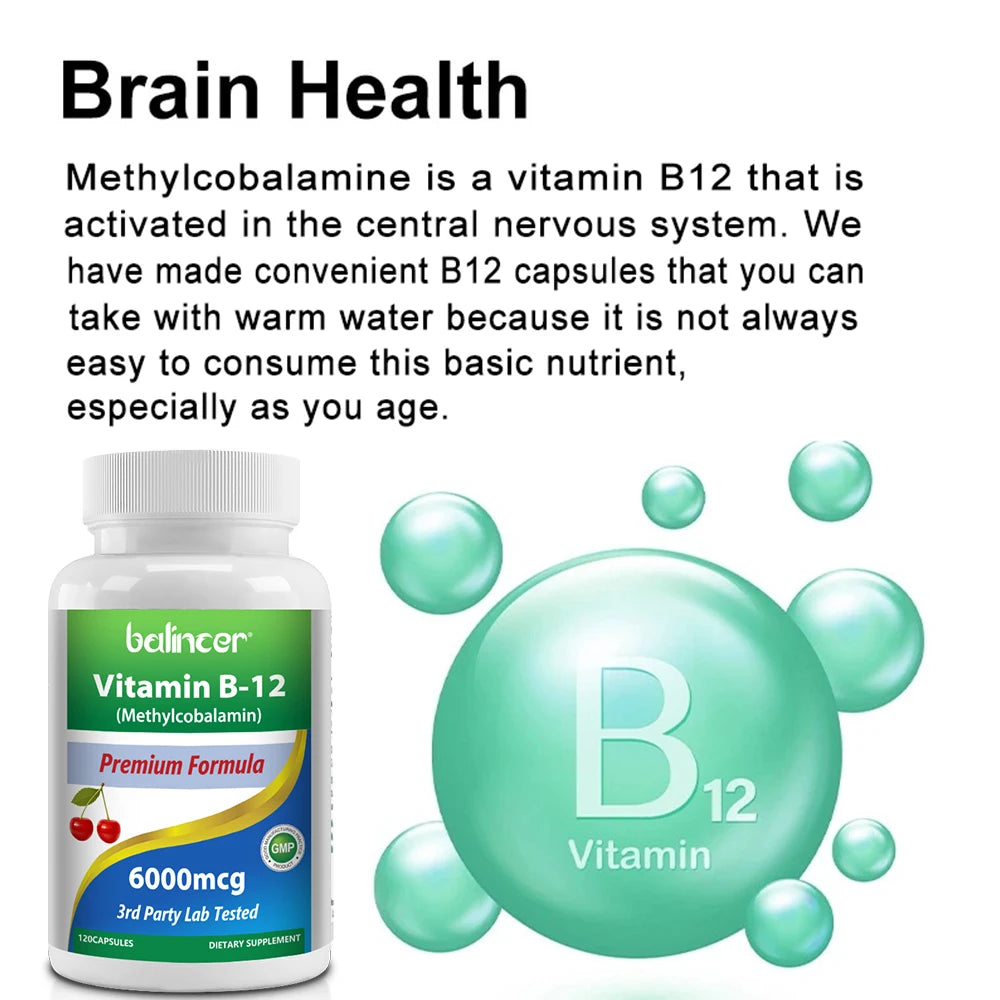 Vitamine B12 - Améliore l'humeur, améliore les fonctions cérébrales, renforce le système nerveux, augmente l'énergie, favorise le métabolisme, maintient la santé cardiaque