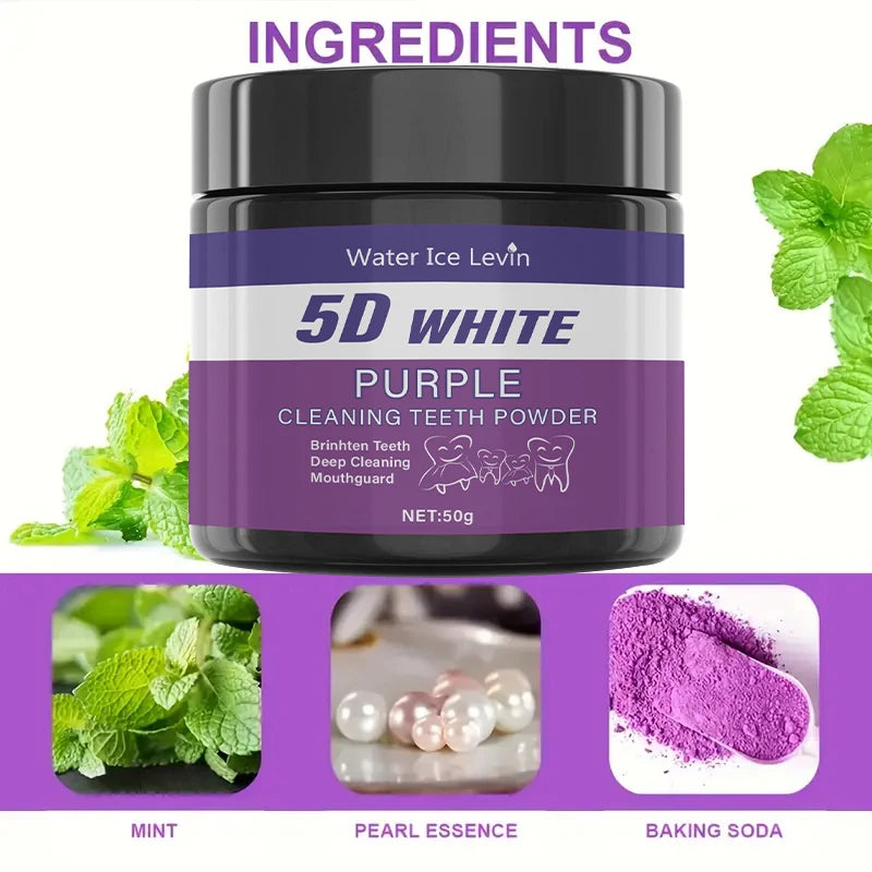 Purple teeth whitening powder being applied to a damp toothbrush head.