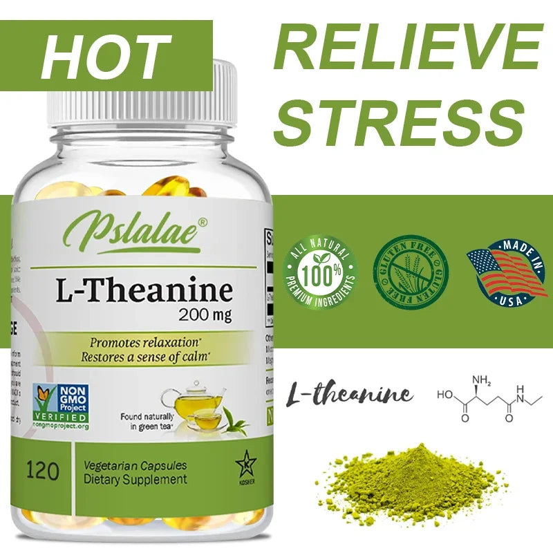 Gélules de L-Théanine 200 mg, 120 Suppléments Végétariens Soulage le Stress Soutient une Humeur Saine et Améliore la Concentration