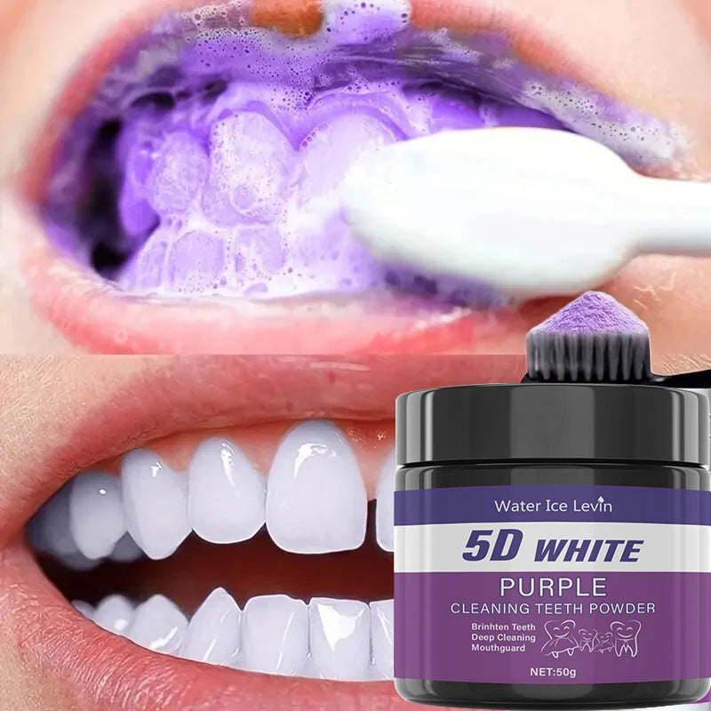 Purple teeth whitening powder before and after comparison showing stain removal.