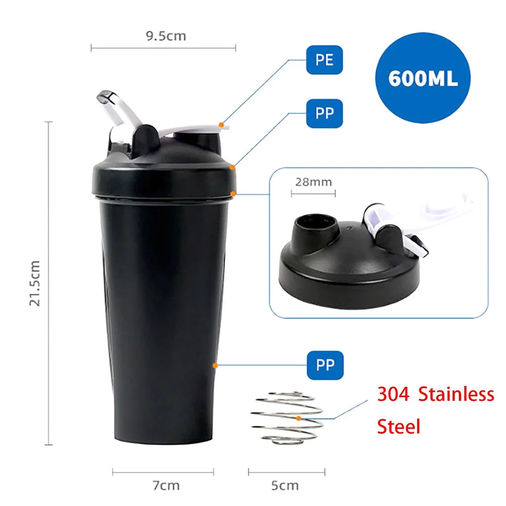 1x Shaker de protéines portable 600ml Bouteille de fitness avec boule mélangeuse en fil pour les amateurs de fitness, les athlètes, parfait pour la salle de sport en extérieur