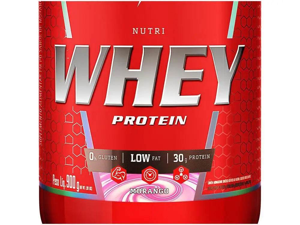 Hypercaloric Whey Protein Powder 900g from Nutri Whey in strawberry flavor, low fat, gluten-free, with 30g protein per serving.