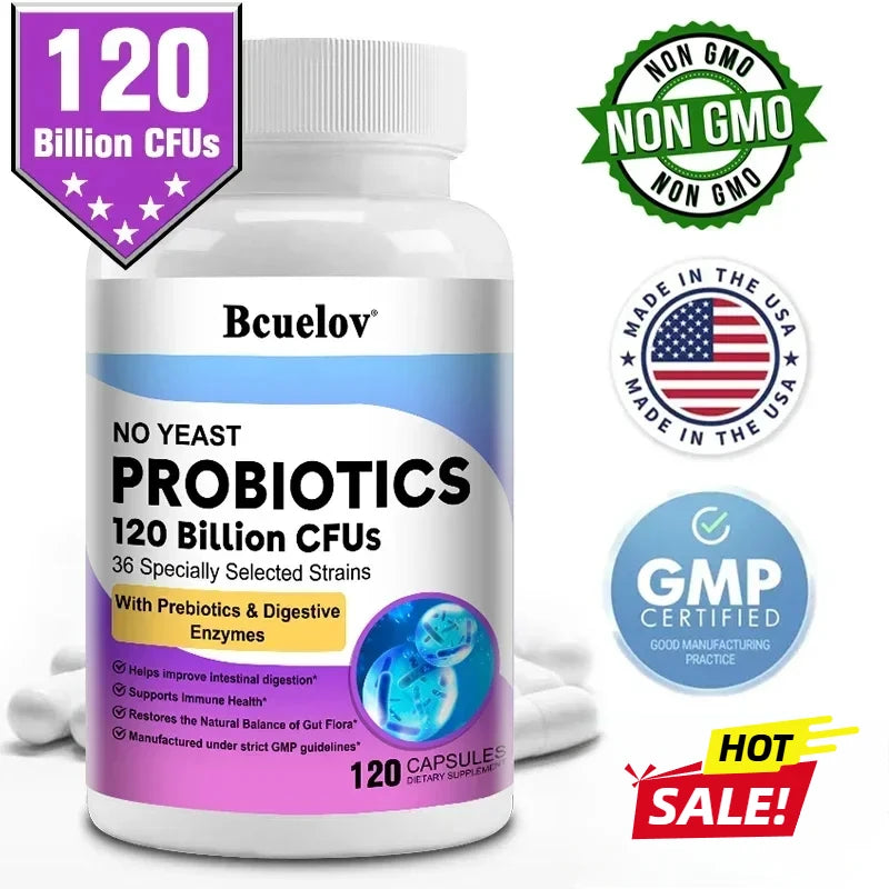 Probiotiques pour la santé digestive 120 milliards d'UFC Prébiotiques et enzymes digestives Supplément probiotique pour adultes, favorise la santé intestinale