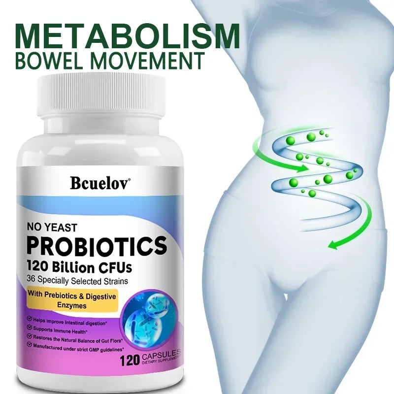 Probiotiques pour la santé digestive 120 milliards d'UFC Prébiotiques et enzymes digestives Supplément probiotique pour adultes, favorise la santé intestinale