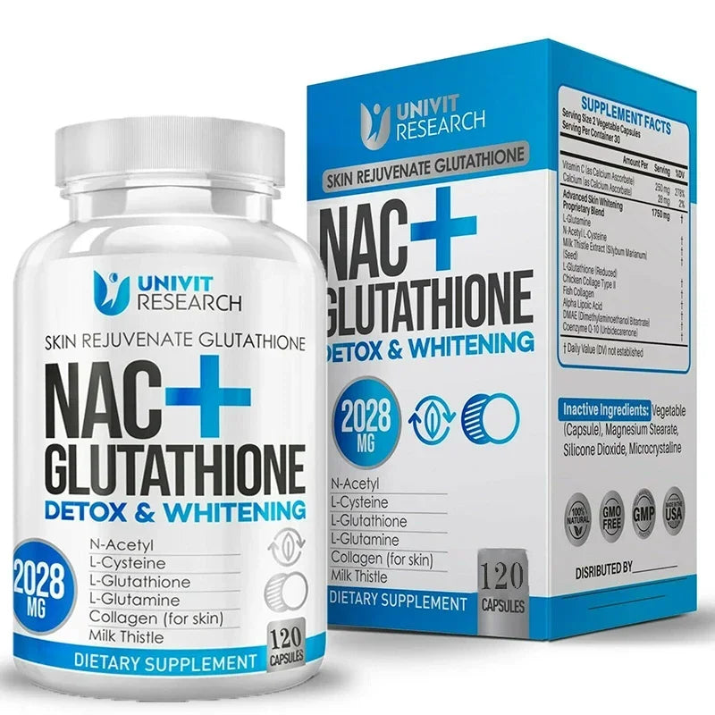 Complément de NAC + Glutathion pour la Santé de la Peau - Antioxydant, Détox, Immunité Sans OGM, 120 Gélules
