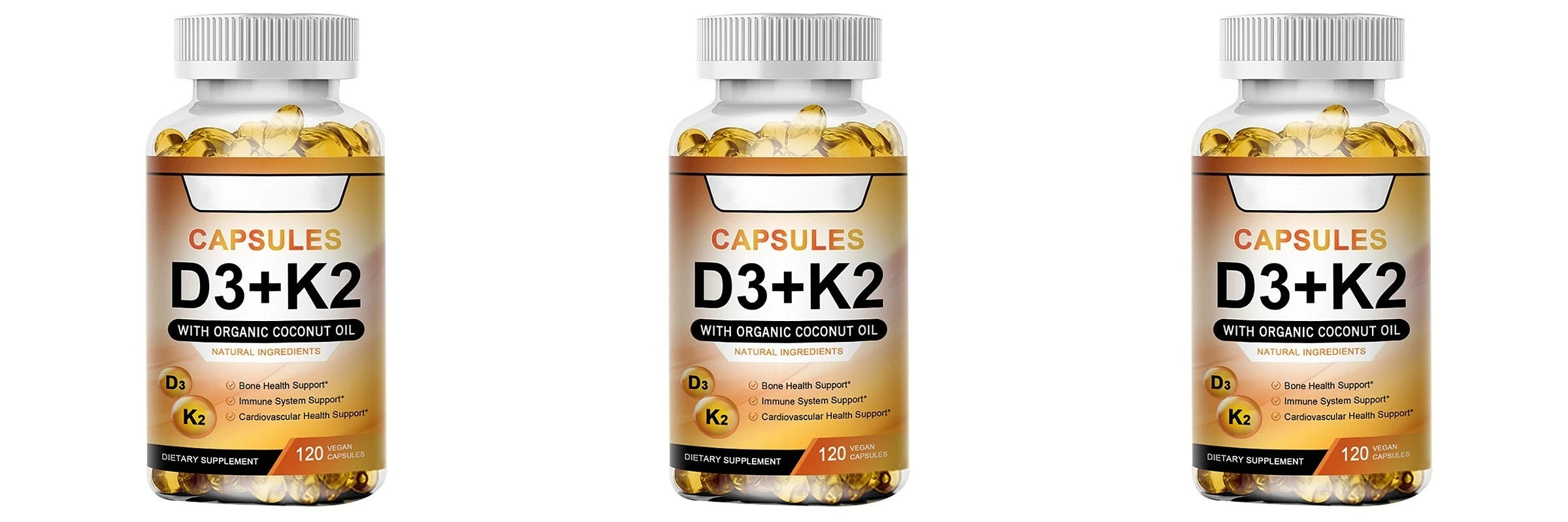 Vitamin D3 K2 with coconut oil capsules for calcium direction and arterial health.