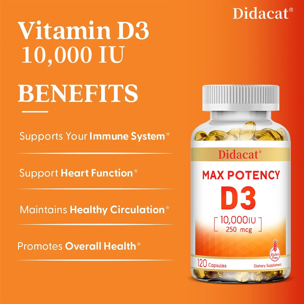 Vitamine D3 10 000 UI (250 µg), Soutient la santé immunitaire, l'absorption du calcium, la fonction musculaire et la solidité des os, Complément alimentaire