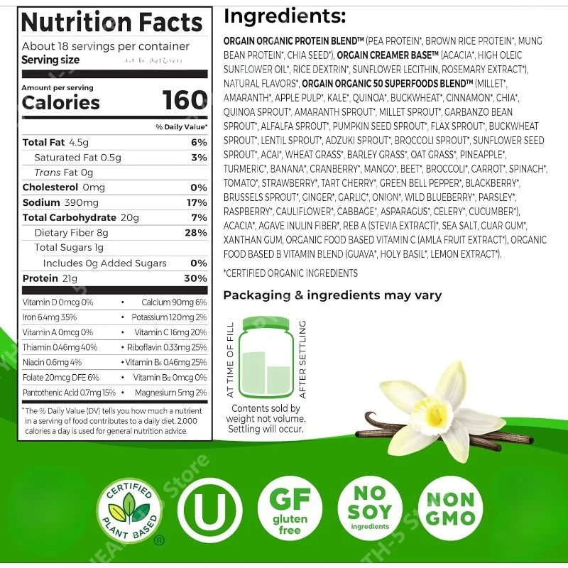 Organic plant based protein powder for unisex adult daily nutrition and wellness.
