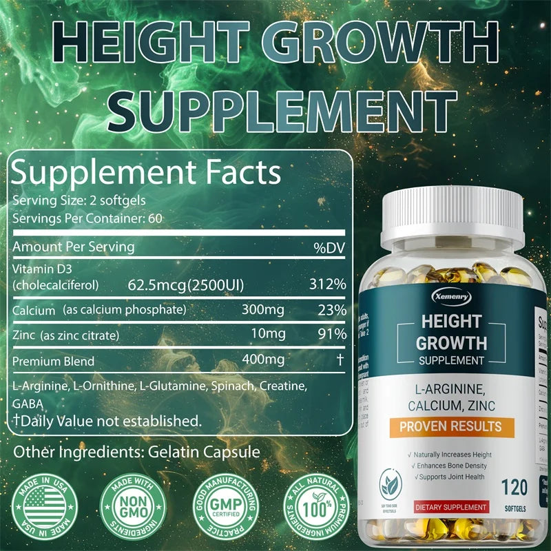 Height growth supplement with l-arginine with Zinc for collagen synthesis and repair.