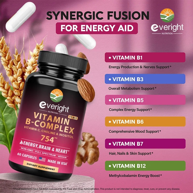 Complexe de vitamines B pour l'énergie et le soutien du cerveau et du cœur - avec B1, B2, B3, B5, B6, B7, B8, B9, B12 avec vitamine C, choline, inositol