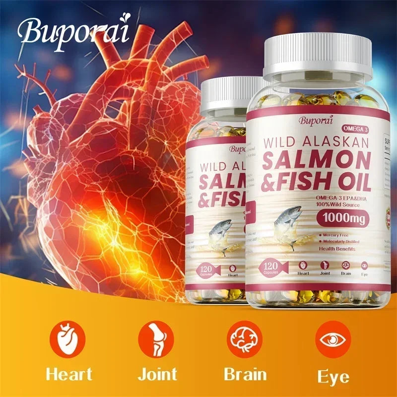 Wild alaskan salmon fish oil capsules by Buporai for daily energy and focus support.