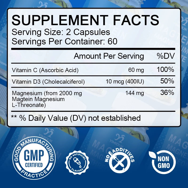 Complément de Magnésium L-Thréonate, avec Vitamine C, Vitamine D3, Soutien Anti-Stress, Acuité Mentale, Santé Cérébrale, Sans Gluten