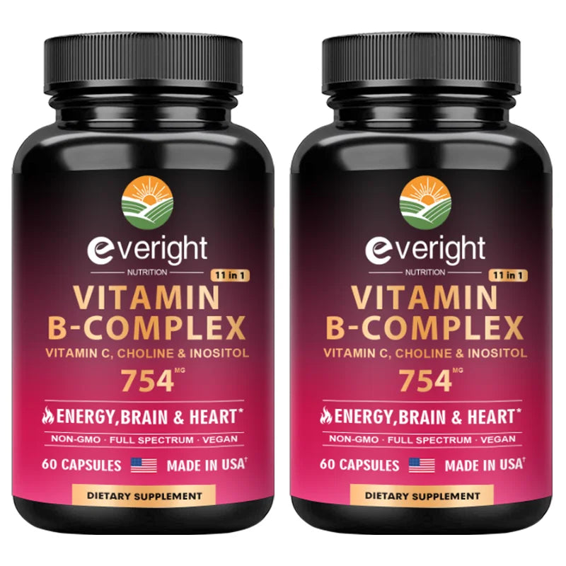Complexe de vitamines B pour l'énergie et le soutien du cerveau et du cœur - avec B1, B2, B3, B5, B6, B7, B8, B9, B12 avec vitamine C, choline, inositol