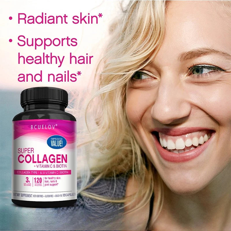 Biotin collagen vitamin c capsules 120ct bottle for hair, skin, and nails