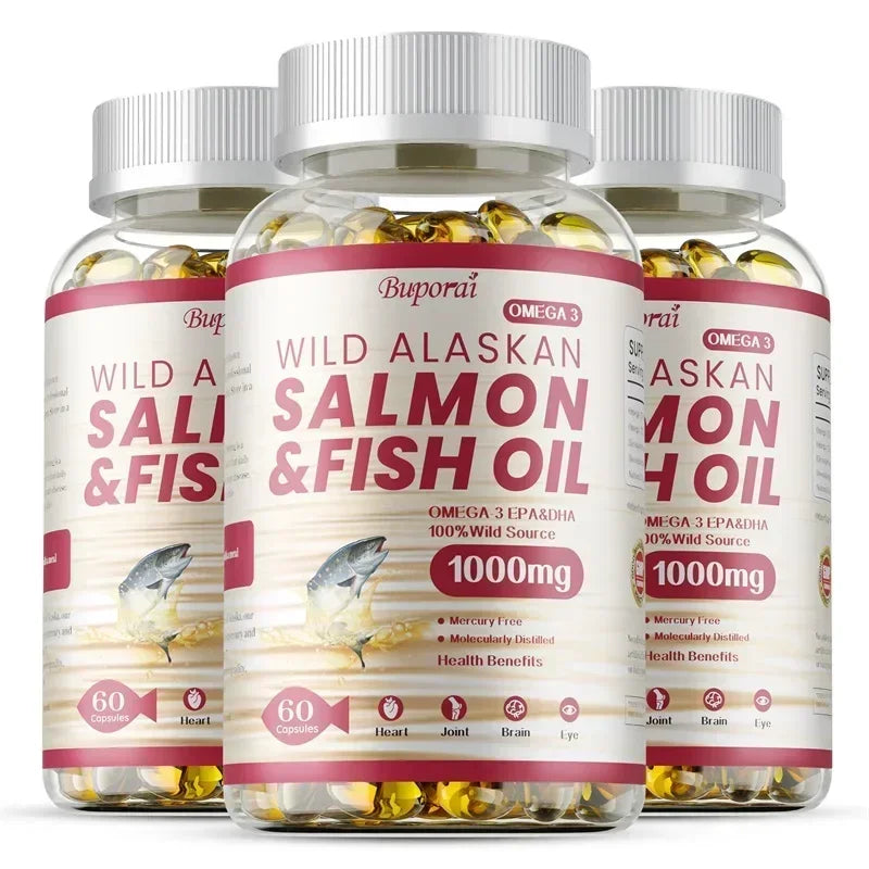 Wild alaskan salmon fish oil capsules showing 1000mg cold-pressed salmon oil.