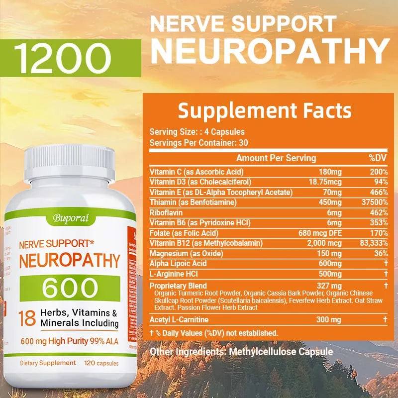 Complément de soutien contre la neuropathie 600mg - Antioxydant, favorise la santé nerveuse, l'énergie cellulaire, le métabolisme et l'anti-âge, sans OGM