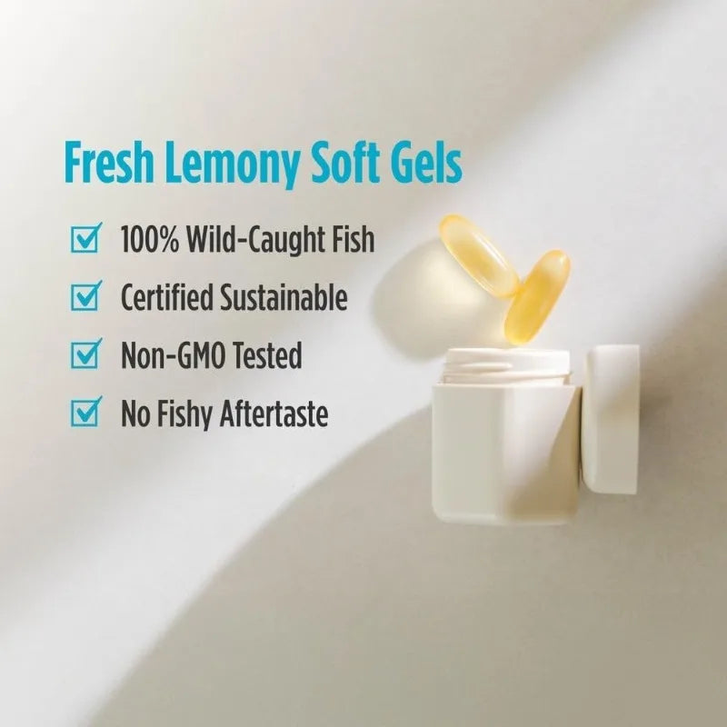 Ultimate Omega fish oil soft gels for natural health benefits in daily life.