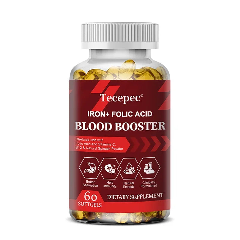 Supplément de fer et d'acide folique, avec vitamine C, B12 et zinc, fortifiant sanguin, soutien de la circulation et du système immunitaire
