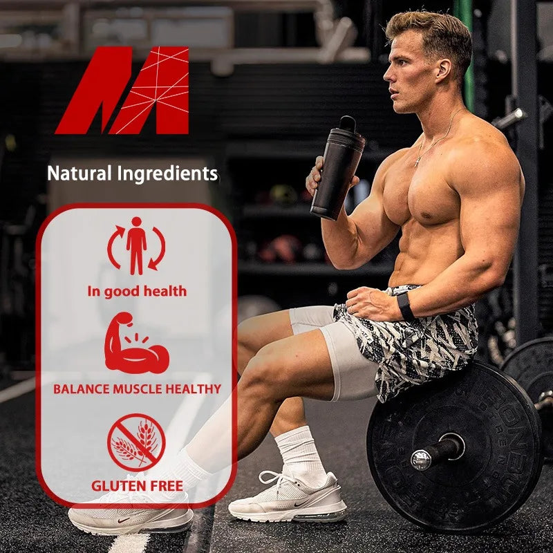 High potency whey protein capsules being taken with water for muscle growth.