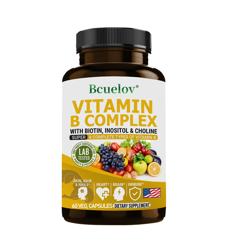 Complexe de Vitamines B - B1 B2 B3 B5 B6 B7 B9 B12 Biotine Choline Niacine - Cerveau, Peau, Cheveux, Système Nerveux, Immunité, Métabolisme