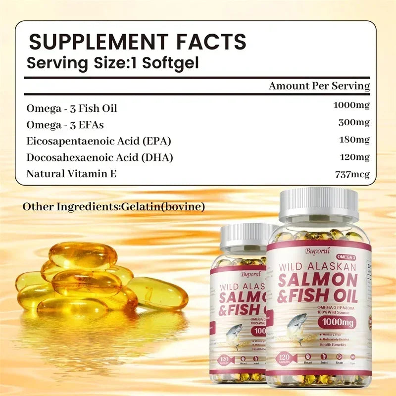 Wild alaskan salmon fish oil capsules sourced from wild-caught Alaskan salmon.