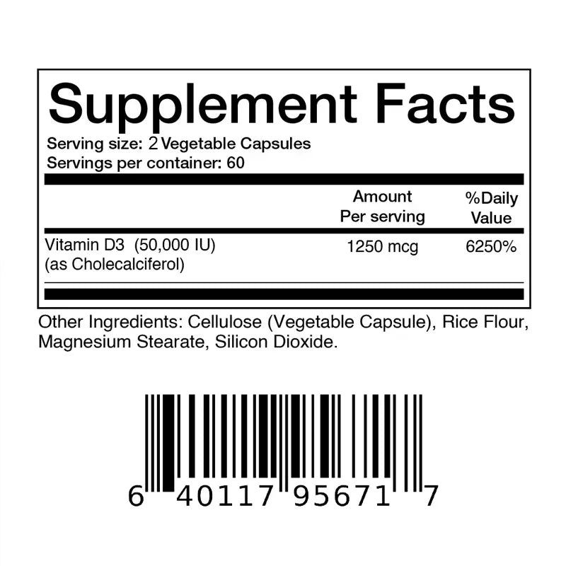 Vitamine D3 50000UI - Santé Musculaire, Os Solides et Système Nerveux, Soutien Immunitaire