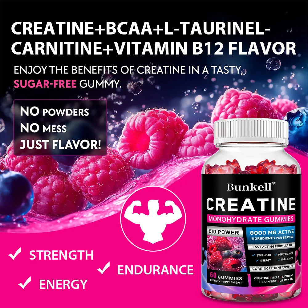 Gummies de créatine monohydrate - 8000 mg, avant/après l'entraînement, fitness, force, développement musculaire, compléments énergétiques