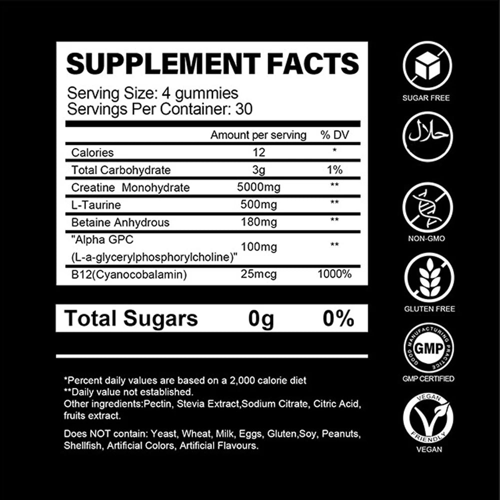 Gummies de créatine monohydrate pour hommes et femmes, soutien de la concentration, des muscles, de la force, de la récupération, de la santé cognitive et de la mémoire - Végan