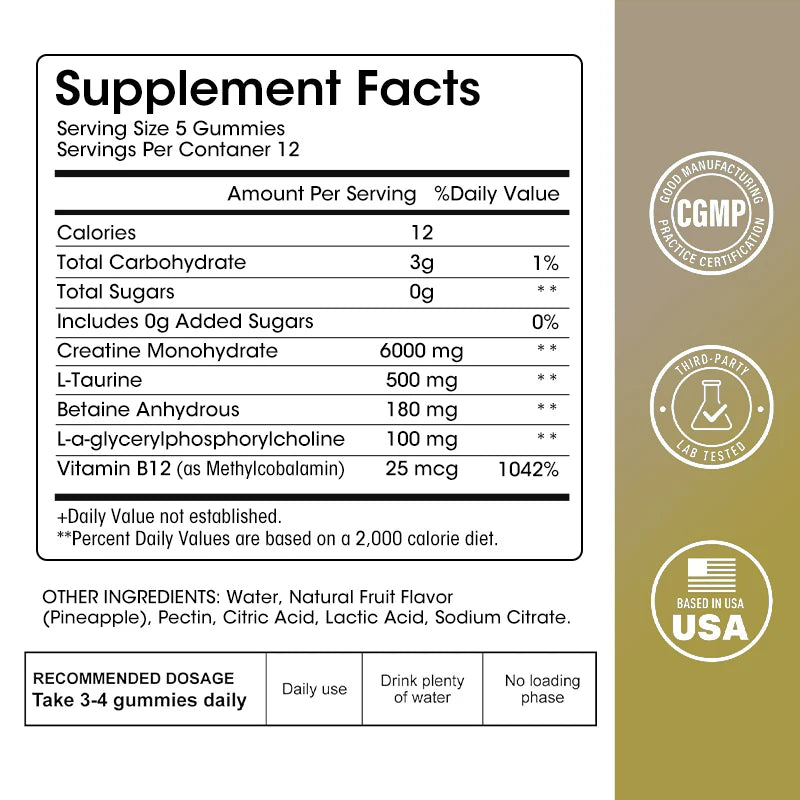 Kexinsh Gommes de créatine monohydrate 6000mg Créatine à croquer sans sucre pour la force musculaire, le développement musculaire et le boost d'énergie