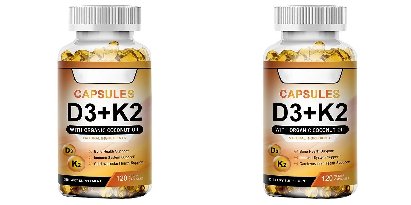 Vitamin D3 K2 with coconut oil capsules non-GMO and gluten-free high-quality formula.